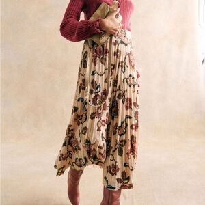 Sezane Floral A-Line Skirt - Cream and Brown